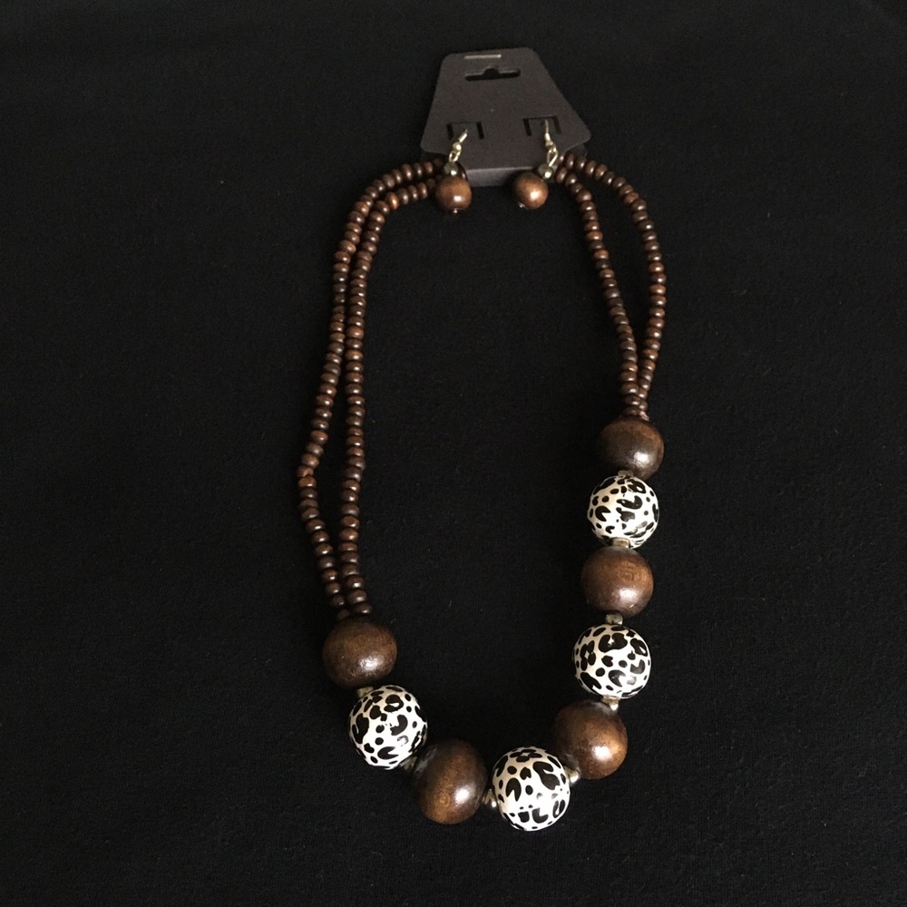 Black White and Brown Wooden Beaded Necklace & Earrings Set